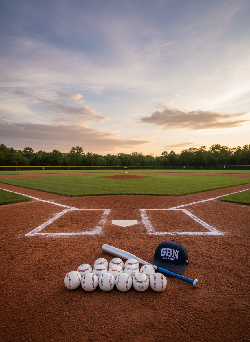 A pristine, well-maintained youth baseball field captured in photographic realism, with crisp white baselines, a rich reddish-brown infield, and deep green outfield grass stretching toward a tree-lined horizon. In the foreground, a neatly arranged cluster of clean white baseballs and a gleaming aluminum bat rest beside a navy-and-white cap subtly marked with the letters “GBN,” hinting at the 12U White Team. Soft late-afternoon sunlight casts long, gentle shadows, creating a warm, hopeful glow. Shot from a low, slightly off-center angle, the composition emphasizes the open diamond and sky, symbolizing the team’s journey to Cooperstown and inviting viewers into a professional, aspirational atmosphere suitable for a fundraising homepage hero image.