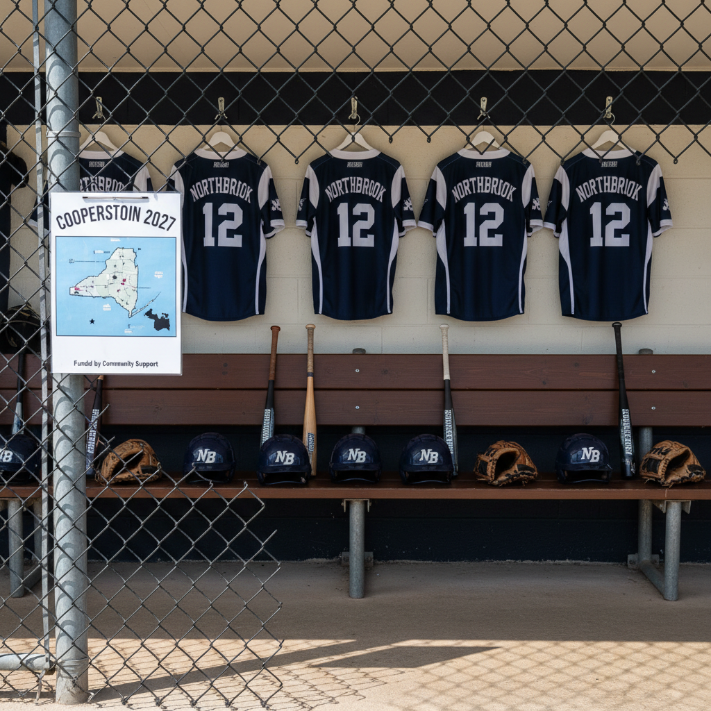 A wide, photographic shot of an empty youth baseball dugout prepared for game day, conveying the unity of Northbrook Baseball’s 12U White Team without showing people. Matching navy-and-white jerseys with the number 12 subtly repeated hang evenly spaced along metal hooks, while aligned helmets, bats, and gloves rest on a clean wooden bench. A laminated field diagram labeled “Cooperstown 2027” is suggested through a small, map-like chart with a star marking New York, clipped to a chain-link fence. Bright, clear daylight filters through the fence, casting a pattern of geometric shadows across the bench and concrete floor. Shot at eye level with sharp focus throughout, the mood is organized, professional, and optimistic, suggesting a team united in their journey and supported by community fundraising.