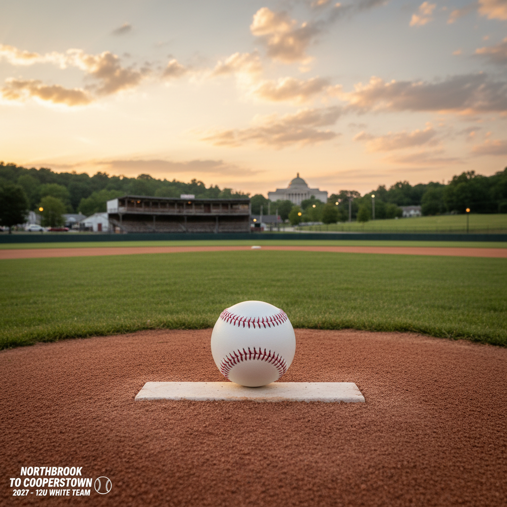 A symbolic, photographic landscape combining Northbrook and Cooperstown themes: in the foreground, a youth-sized pitcher’s mound with a perfectly centered, slightly worn rubber and a new white baseball resting on top, seams sharply detailed. The infield clay transitions seamlessly into a lush green outfield that gradually blends into a distant, idyllic small-town ballpark with a classic wooden grandstand and a faint hint of a Hall-of-Fame-style building silhouette on the horizon. Early evening light creates a soft, golden gradient in the sky, with gentle clouds reflecting warm tones, evoking a sense of journey and destination. Captured from a low, forward-looking angle, the composition leads the eye from the local mound toward Cooperstown, visually representing the 12U White Team’s ambitious 2027 tournament goal and the community’s fundraiser support.