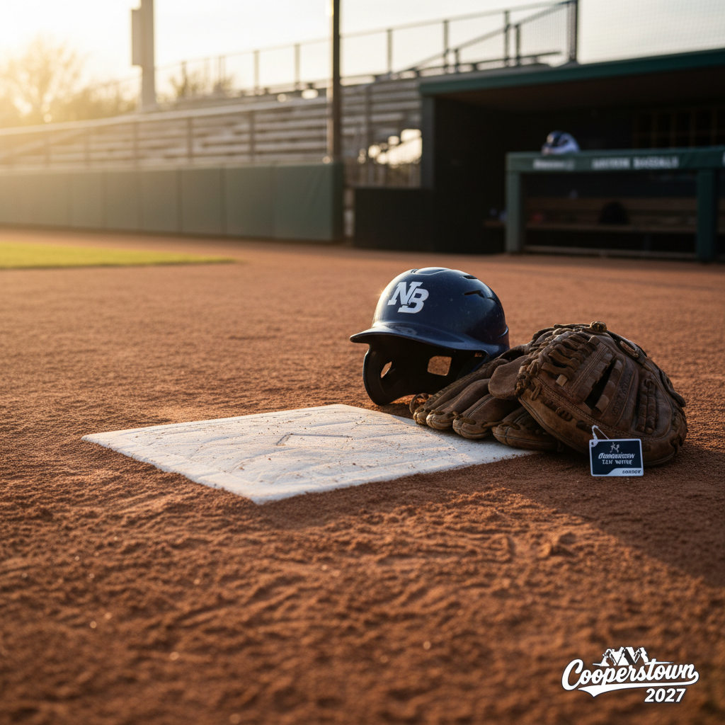 A dramatic close-up of home plate on a youth baseball diamond, the pristine white rubber contrasting sharply with the smooth, reddish clay, showing faint scuff marks from recent games. Nearby, a navy-and-white batting helmet and a pair of well-used catcher’s mitts lie neatly arranged, representing Northbrook Baseball’s 12U White Team without showing players. Golden hour sunlight streams across the scene from the left, creating defined textures and subtle lens flare, while the background bleachers and dugout are softly blurred. Photographic realism, shot from a low, eye-level perspective along the baseline, conveys determination, teamwork, and the disciplined preparation behind the team’s Cooperstown 2027 journey, perfect for a professional, inspirational fundraiser section.