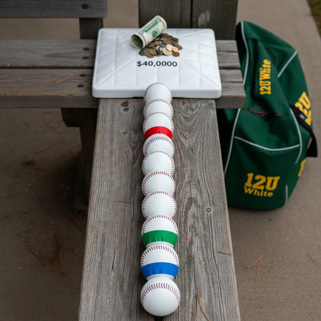 An overhead, photographic view of a clean, modern fundraising scoreboard graphic laid out on a wooden dugout bench, represented entirely through objects instead of text. A long, vertical row of stacked baseballs climbs toward a large, pristine home plate at the top, with a small pile of neatly arranged dollar bills and coins gathered near the highest balls, hinting at a ,000 goal. Each lower segment of the stack is subtly differentiated by colored tape bands on the balls, symbolizing progress milestones. Soft, diffused daylight from an overcast sky creates minimal shadows and an even, professional look. The background includes a blurred navy equipment bag with “12U White” hinted via stitched numbers, reinforcing the Northbrook team context and the purpose of the fundraiser.
