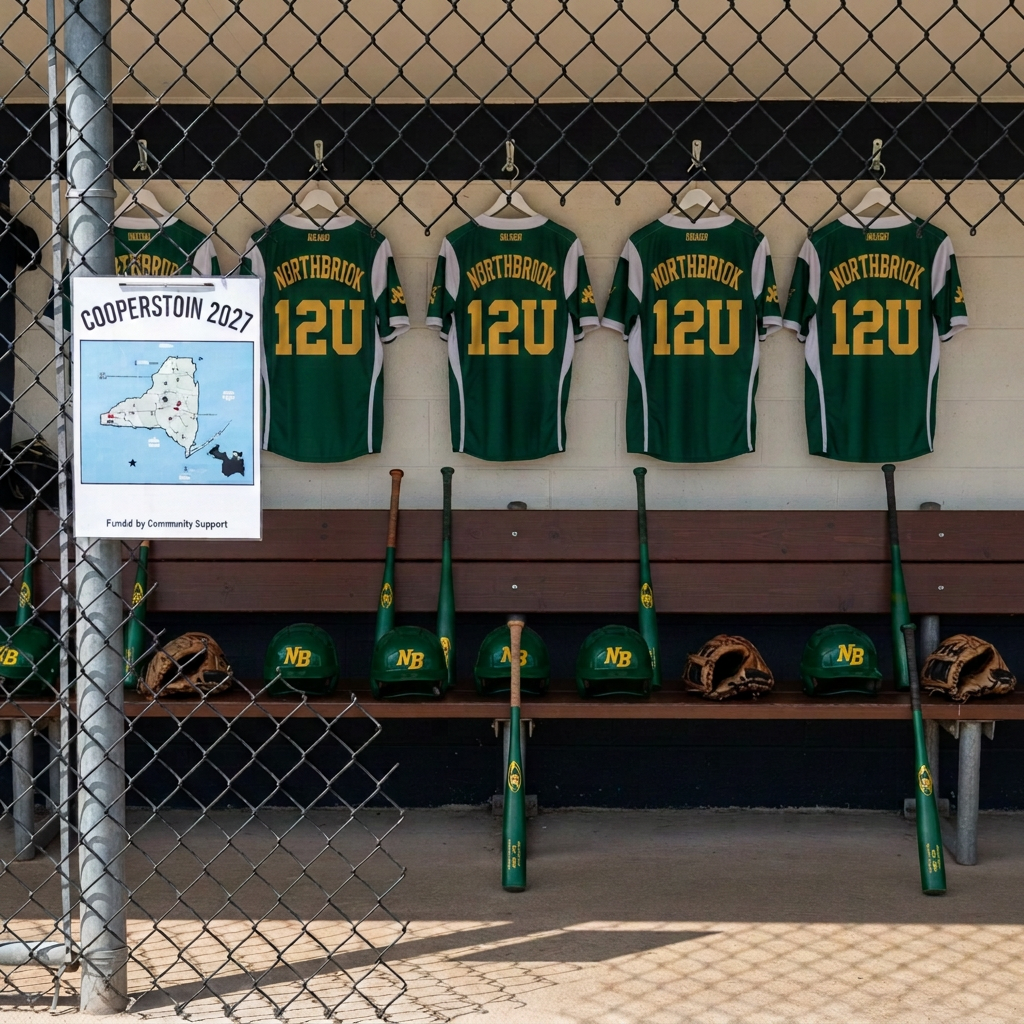 A wide, photographic shot of an empty youth baseball dugout prepared for game day, conveying the unity of Northbrook Baseball’s 12U White Team without showing people. Matching navy-and-white jerseys with the number 12 subtly repeated hang evenly spaced along metal hooks, while aligned helmets, bats, and gloves rest on a clean wooden bench. A laminated field diagram labeled “Cooperstown 2027” is suggested through a small, map-like chart with a star marking New York, clipped to a chain-link fence. Bright, clear daylight filters through the fence, casting a pattern of geometric shadows across the bench and concrete floor. Shot at eye level with sharp focus throughout, the mood is organized, professional, and optimistic, suggesting a team united in their journey and supported by community fundraising.
