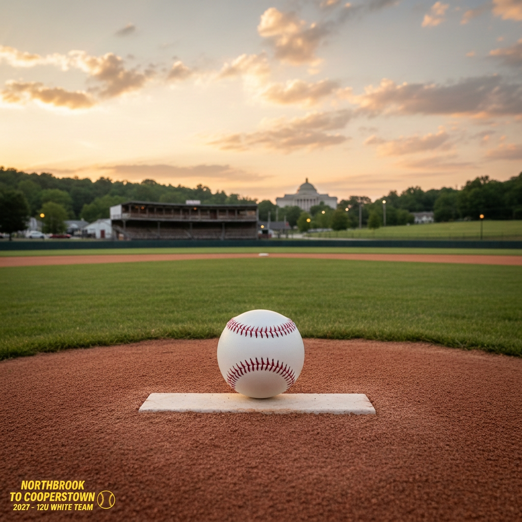 A symbolic, photographic landscape combining Northbrook and Cooperstown themes: in the foreground, a youth-sized pitcher’s mound with a perfectly centered, slightly worn rubber and a new white baseball resting on top, seams sharply detailed. The infield clay transitions seamlessly into a lush green outfield that gradually blends into a distant, idyllic small-town ballpark with a classic wooden grandstand and a faint hint of a Hall-of-Fame-style building silhouette on the horizon. Early evening light creates a soft, golden gradient in the sky, with gentle clouds reflecting warm tones, evoking a sense of journey and destination. Captured from a low, forward-looking angle, the composition leads the eye from the local mound toward Cooperstown, visually representing the 12U White Team’s ambitious 2027 tournament goal and the community’s fundraiser support.