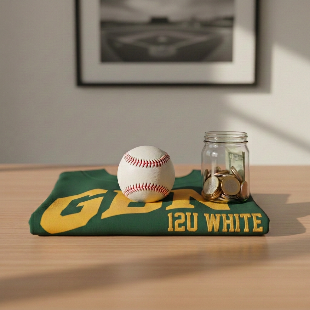 A clean, photographic still life designed for a donation or call-to-action section: a neatly folded navy baseball jersey with subtle “GBN” lettering and the number 27, representing the 2027 Cooperstown tournament year, rests on a smooth, light wood tabletop. On top lies a pristine white baseball with sharp red stitching, next to a small, clear glass jar partially filled with coins and a few visible bills, suggesting ongoing fundraising progress. Soft, natural window light from the right creates gentle highlights on the glass and ball, casting soft-edged shadows for a professional, inviting feel. The background is deliberately minimal and softly blurred, with only a hint of a framed baseball field photo on the wall, keeping focus on the symbolic objects and the team’s financial goal.