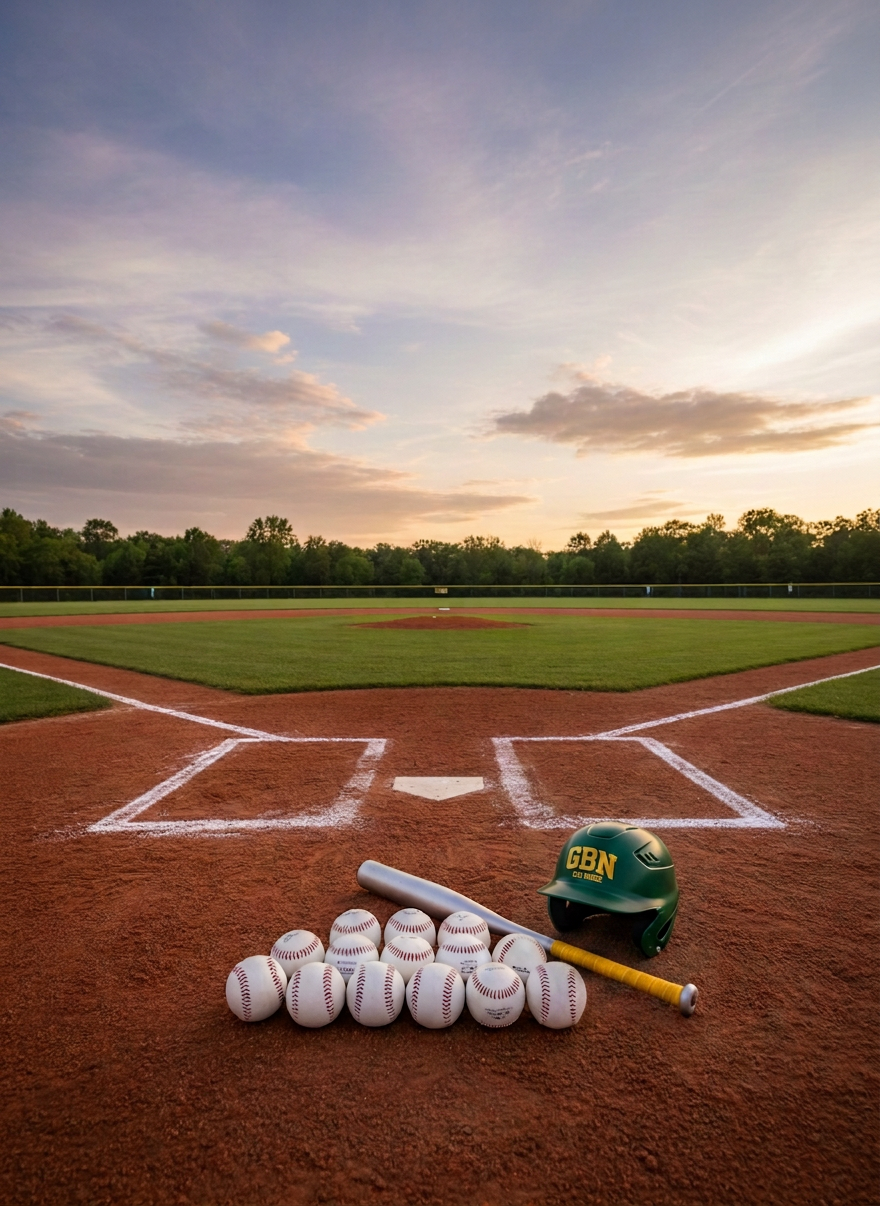A pristine, well-maintained youth baseball field captured in photographic realism, with crisp white baselines, a rich reddish-brown infield, and deep green outfield grass stretching toward a tree-lined horizon. In the foreground, a neatly arranged cluster of clean white baseballs and a gleaming aluminum bat rest beside a navy-and-white cap subtly marked with the letters “GBN,” hinting at the 12U White Team. Soft late-afternoon sunlight casts long, gentle shadows, creating a warm, hopeful glow. Shot from a low, slightly off-center angle, the composition emphasizes the open diamond and sky, symbolizing the team’s journey to Cooperstown and inviting viewers into a professional, aspirational atmosphere suitable for a fundraising homepage hero image.